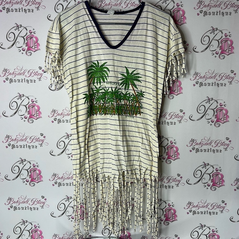 Turistiki dress Santorini Greece 🇬🇷 fringe hem White and Navy Striped T-Shirt